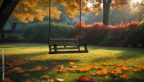 Serene autumn scene with a wooden swing hanging from a tree, surrounded by colorful fallen leaves and warm sunlight filtering through orange foliage—perfect for relaxation and nature photography
