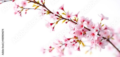 Delicate pink sakura blossoms against a pure white background, tranquility, pink