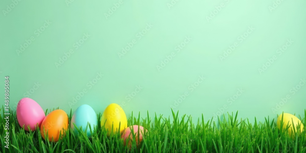 Fototapeta premium Pastel Eggs Nestled in Vibrant Green Spring Grass Against a Soft Mint Background, Perfect for Festive Springtime Designs and Celebrations