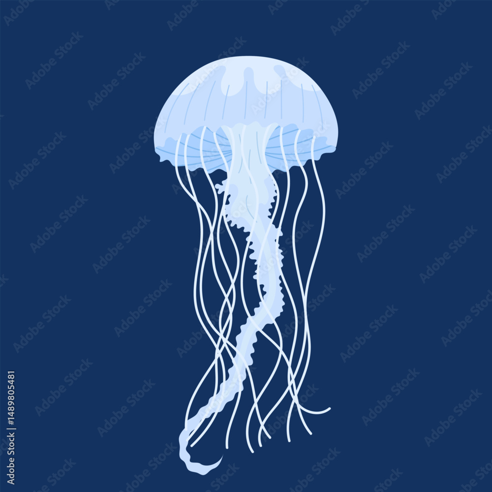Blue jellyfish on a blue background. Marine animal. Flat illustration of sea jellyfish. Blue jellyfish on a blue background. Marine animal. Flat illustration of sea jellyfish.