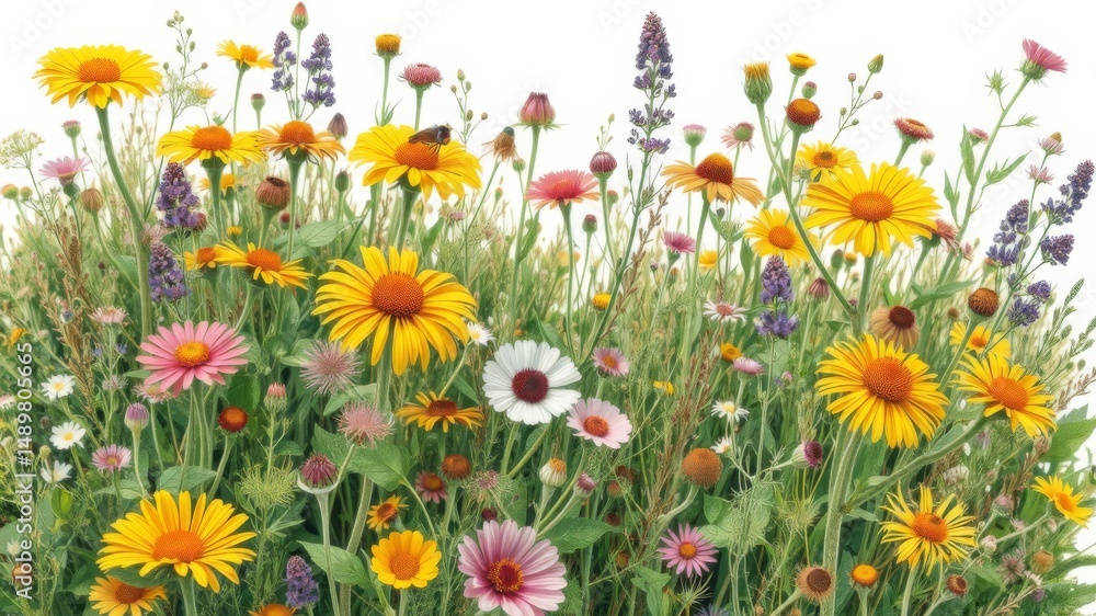 Fototapeta premium A vibrant summer meadow bursting with colorful wildflowers and grasses against a crisp white background creating a cheerful floral scene.