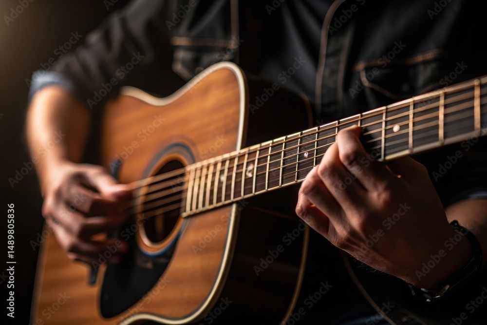 Man playing acoustic guitar in dark studio setting Man playing acoustic guitar in dark studio setting