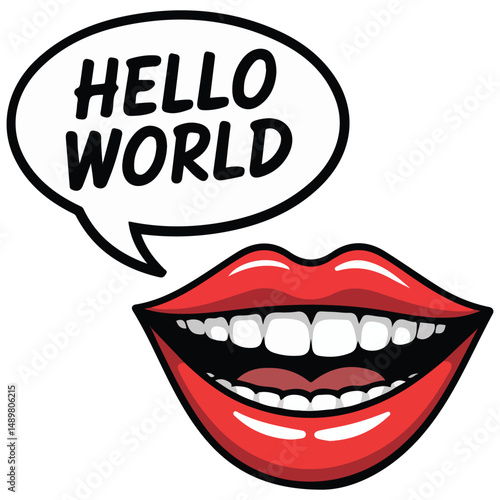 Gossiping red lips with speech bubble isolated vector illustration on white background