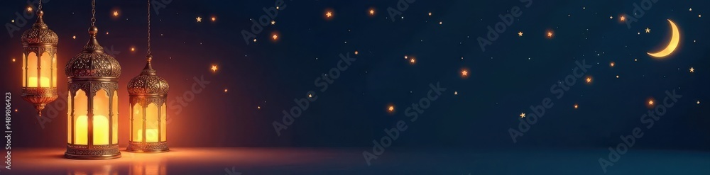 Fototapeta premium Elegant gold line art lanterns & lamps, stars, crescent moon Ramadan & Eid Mubarak backdrop , faith, culture