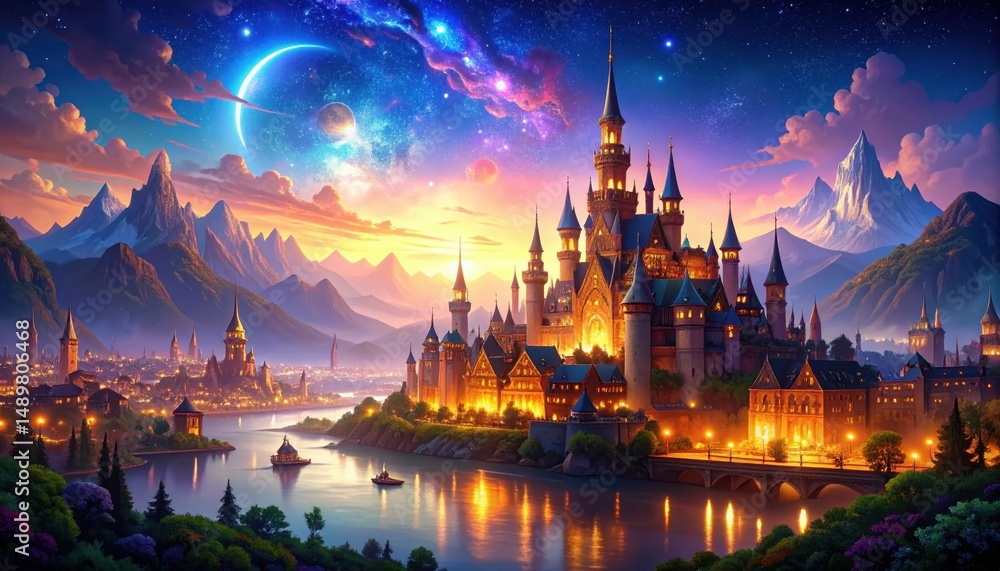 Naklejka premium Enchanting Cityscape Where Magic Intertwines with Daily Life