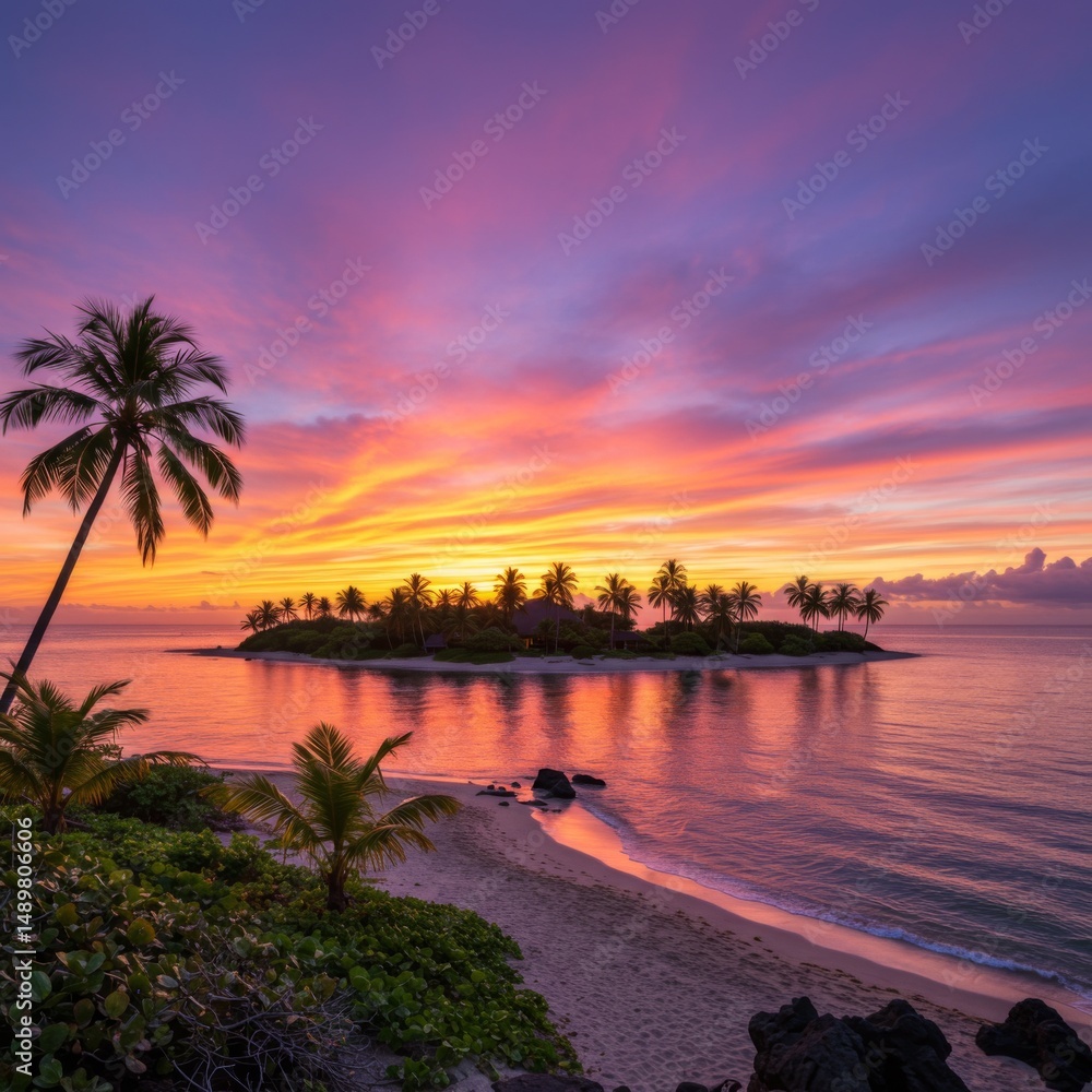 Obraz premium Vibrant Sunset Over Tropical Island Beach