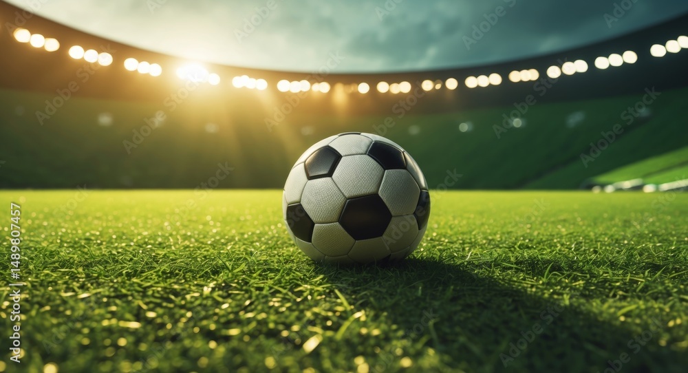 Naklejka premium Soccer Ball on the Field, Stadium Lights, CloseUp View Ready for Kickoff