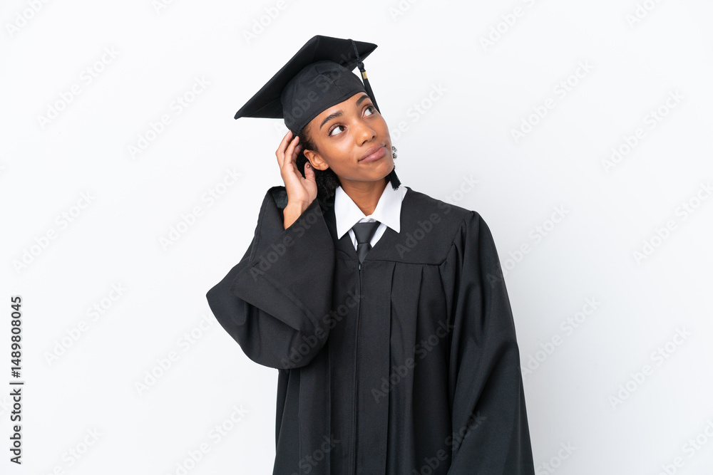 Young university graduate African American woman isolated on white background thinking an idea Young university graduate African American woman isolated on white background thinking an idea