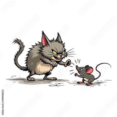 Furious Cat versus Tiny Mouse Epic Showdown Adorable Cartoon Illustration