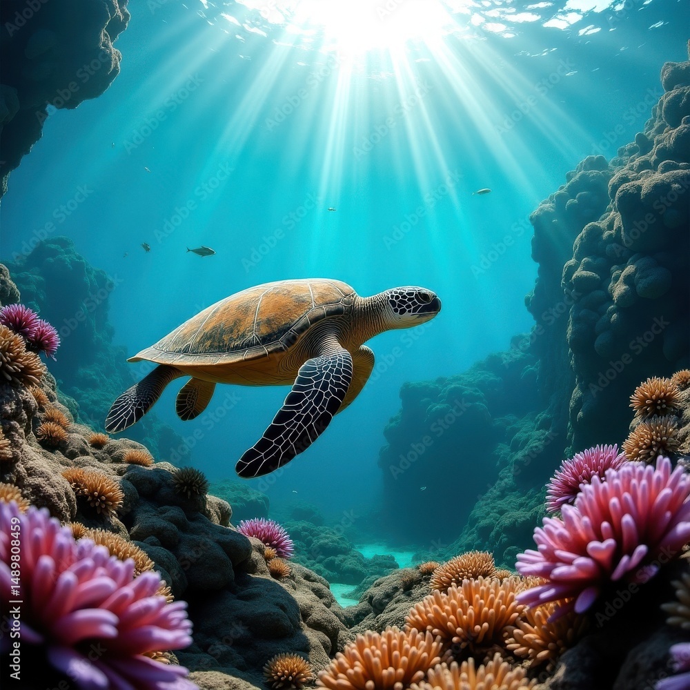 Obraz premium Majestic sea turtle glides through vibrant coral reef sunbeams dance underwater paradise
