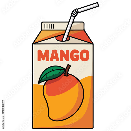 Organic mango juice box with drinking straw isolated vector illustration on white background