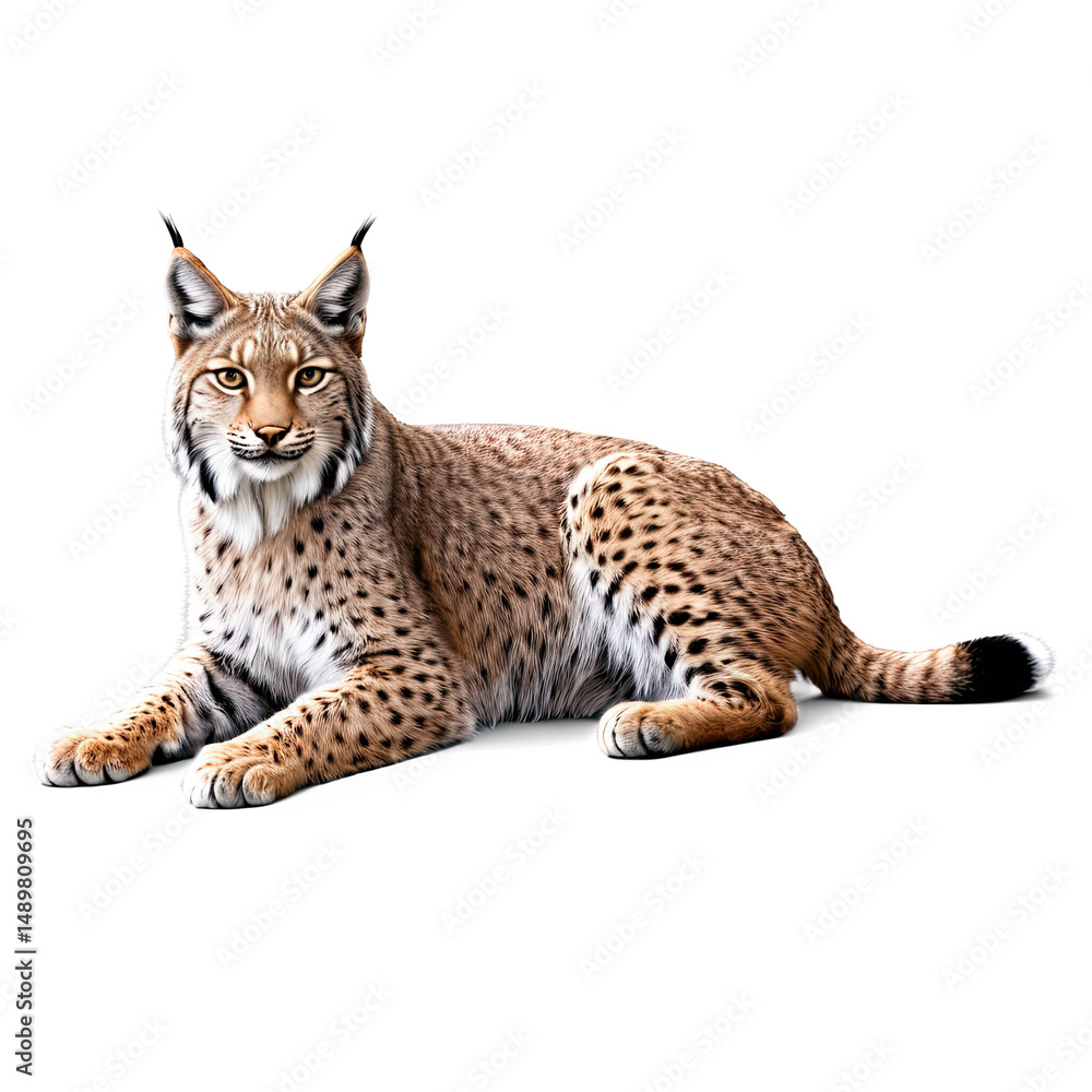 Obraz premium A majestic lynx, captured with exquisite detail, lies regally against a solid black background.