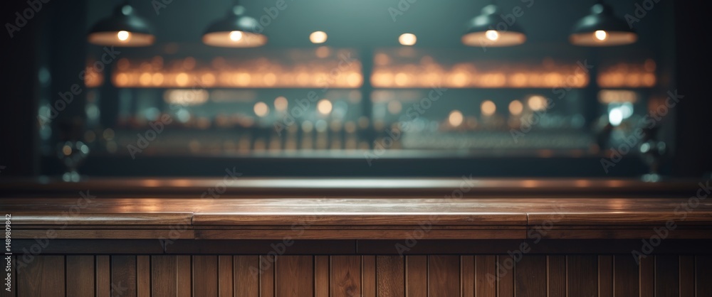 Moody Bar Interior with Polished Wood Countertop and Soft Lighting Ambiance. Moody Bar Interior with Polished Wood Countertop and Soft Lighting Ambiance.