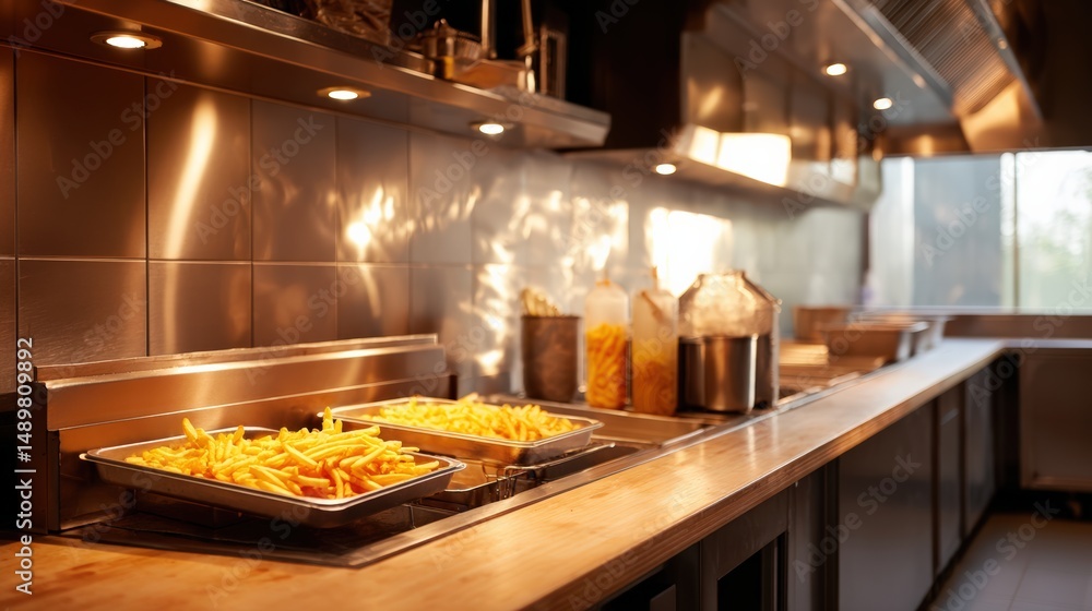 Crisp Golden French Fries in Modern Kitchen Setting with Light Crisp Golden French Fries in Modern Kitchen Setting with Light