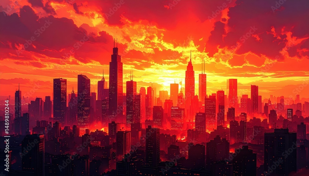 Fototapeta premium Fiery Sunset Over City Skyline with Dramatic Clouds and Colors