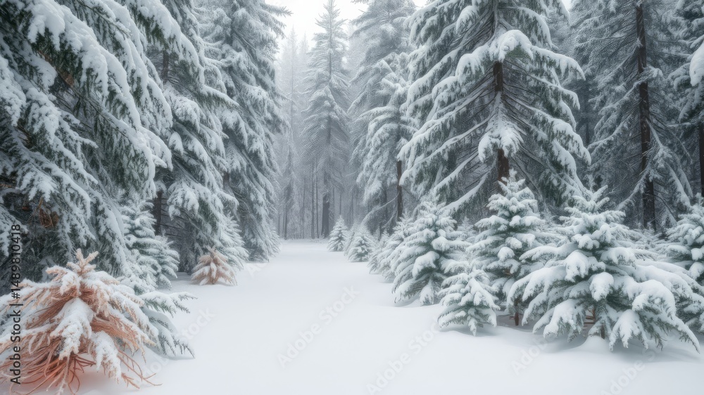 Obraz premium A snow covered path winds through a dense evergreen forest on a cold winter day, creating a serene and peaceful atmosphere.
