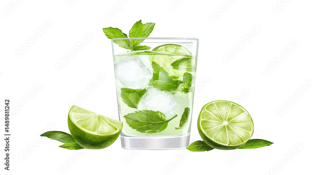 Fototapeta premium Refreshing glass of mojito cocktail with lime and mint, a summer delight refreshing