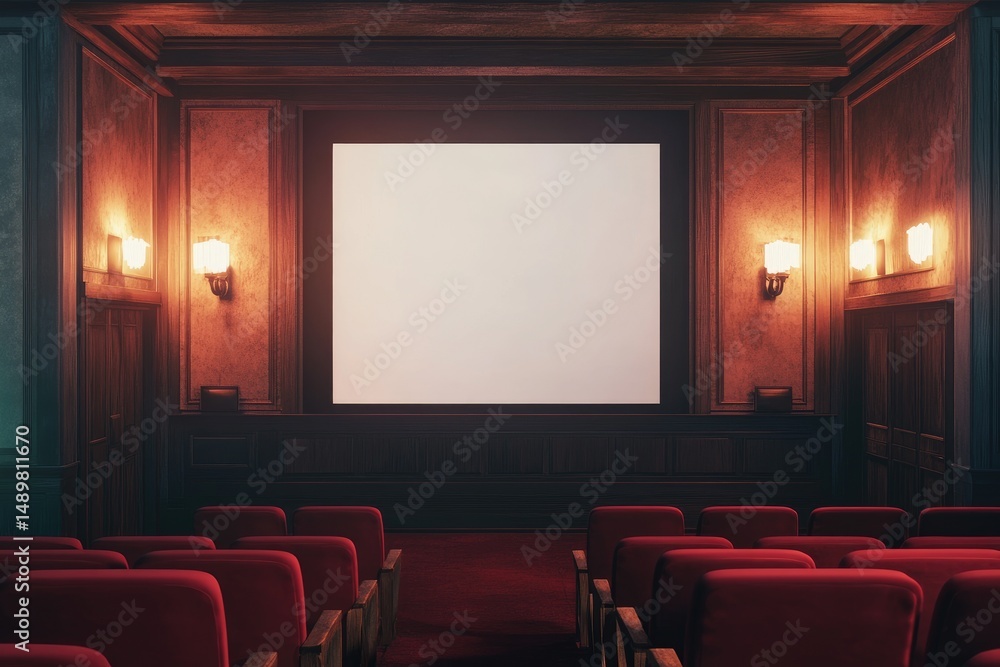 Fototapeta premium Vintage movie theater interior. Empty auditorium with red seats, ornate wall paneling, and a large blank screen
