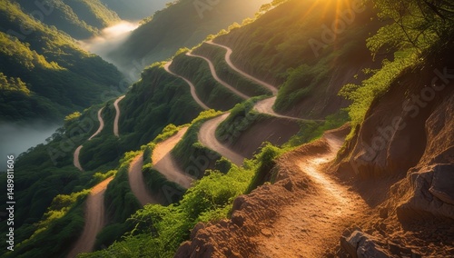 Scenic mountain road winding through lush green hills during sunrise, creating a peaceful and adventurous atmosphere in nature’s beauty