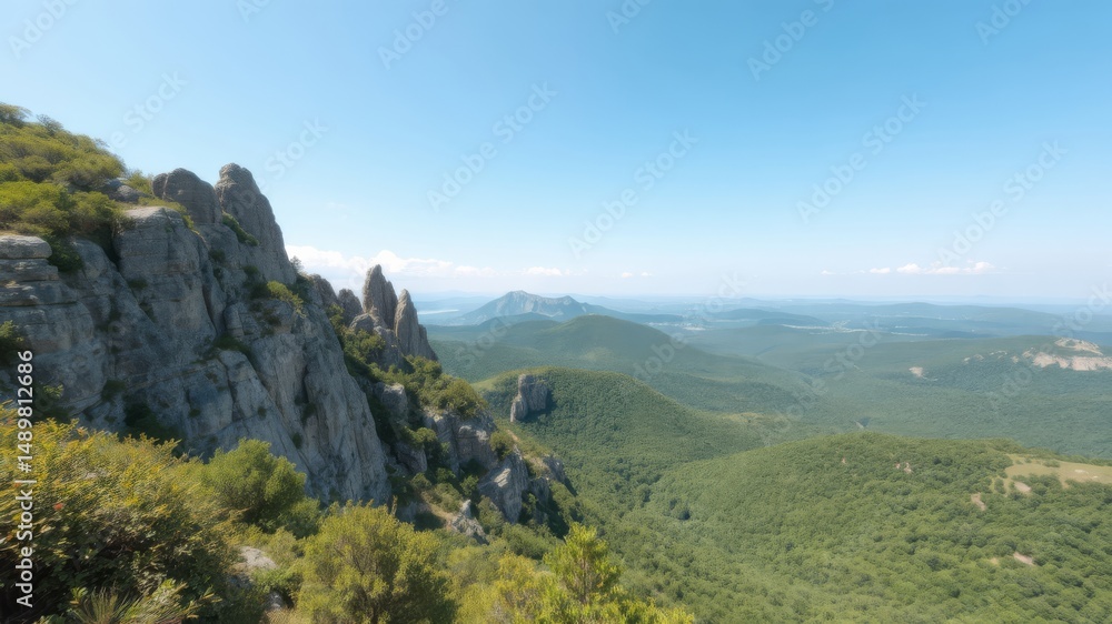 Fototapeta premium A breathtaking panoramic view of majestic rocky mountains and lush green valleys under a clear blue sky.