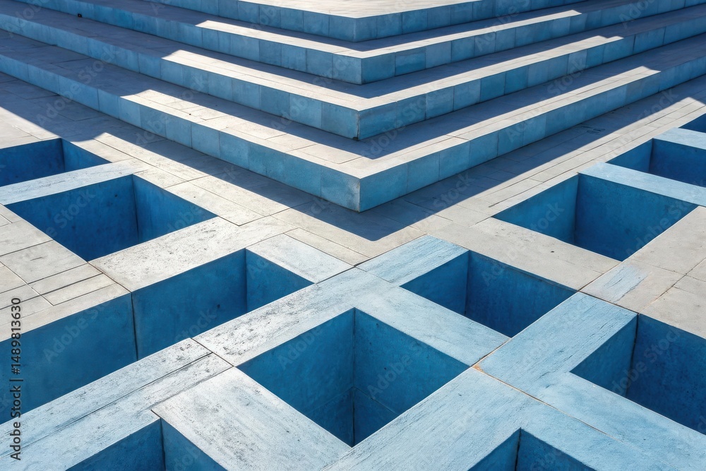 Obraz premium Blue concrete stairs and geometric pattern of square recesses
