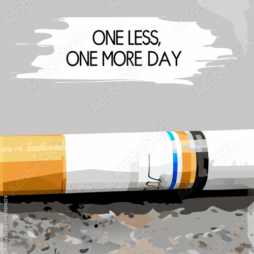 Minimalist design of a single cigarette with the phrase “One Less, One More Day” in clean typography.