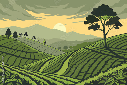 83 lush green rolling hills, vibrant green tea plantations, dramatic cloudy sunset sky, sun setting over distant mountains, idyllic rural landscape, atmospheric lighting, digital art, photorealistic, 
