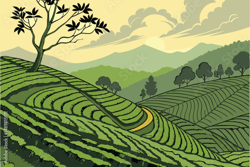 83 lush green rolling hills, vibrant green tea plantations, dramatic cloudy sunset sky, sun setting over distant mountains, idyllic rural landscape, atmospheric lighting, digital art, photorealistic, 