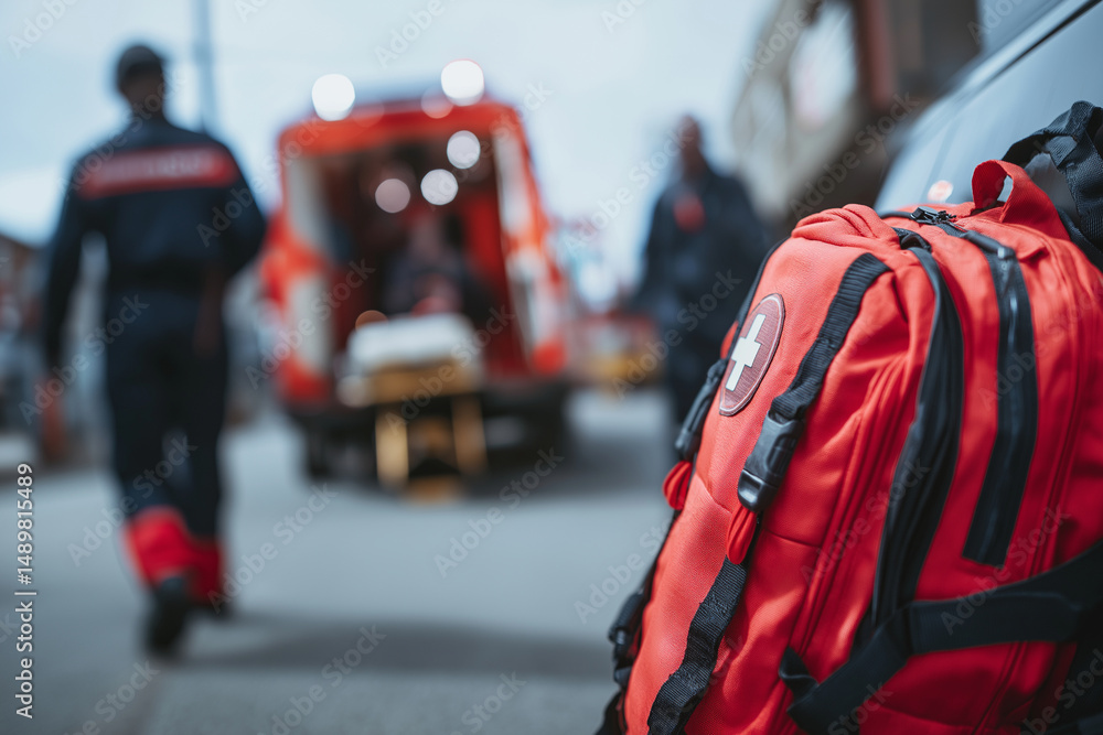 Fototapeta premium Close-up of a red backpack with a paramedic holding medical equipment in front, an emergency room background, and an ambulance van in the back. A female EMT worker wearing a unifor