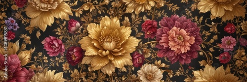 Opulent floral wallpaper; gold leaf, rich blooms, intricate pattern, regal design, vibrant colors, design, gold, design