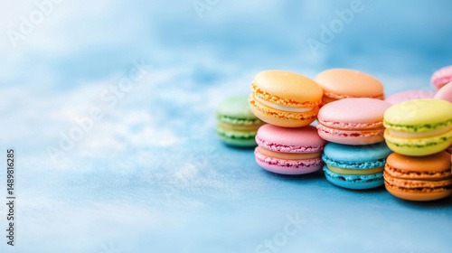 A pile of delicious pastel-colored macarons stacked on a soft blue background, perfect for sweet tooth and party themes.