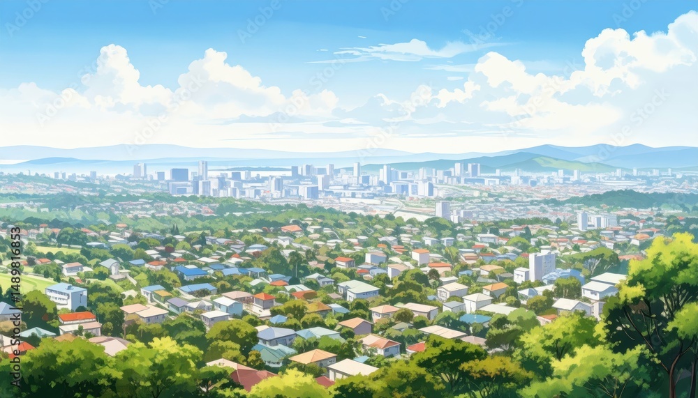 Fototapeta premium Expansive Suburban Cityscape with Lush Greenery and Clear Sky