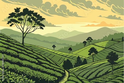 83 lush green rolling hills, vibrant green tea plantations, dramatic cloudy sunset sky, sun setting over distant mountains, idyllic rural landscape, atmospheric lighting, digital art, photorealistic, 