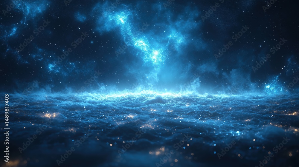 Fototapeta premium A surreal cosmic scene featuring swirling nebulae and countless stars above, mirrored by a glowing blue-white ocean below, illuminated by an unknown energy source. The deep dark blue background enhanc