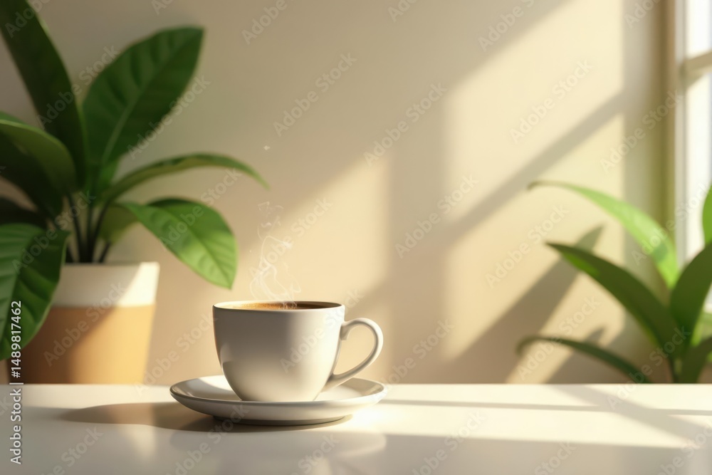 Warm Morning Coffee Break A Serene Still Life with Sunlight and Houseplants Warm Morning Coffee Break A Serene Still Life with Sunlight and Houseplants