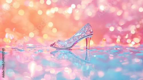 Wallpaper Mural A sparkling glass slipper displayed on a reflective surface with dreamy pink and orange pastel bokeh, evoking fairytale and fantasy. Torontodigital.ca