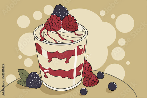 84 dreamy whipped cream parfait, fresh mixed berries, raspberry coulis drizzle, golden bokeh background, fine art photography, studio lighting