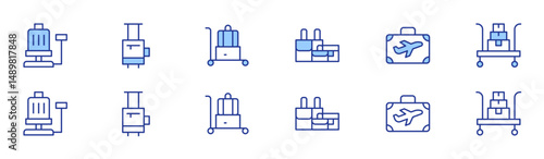 Luggage icon set in two styles, Duotone and Thin Line style. Editable stroke. scale, luggage, suitcase, luggage cart