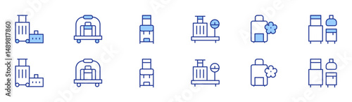 Luggage icon set in two styles, Duotone and Thin Line style. Editable stroke. trip, luggage scale, hotel cart, luggage, backpack