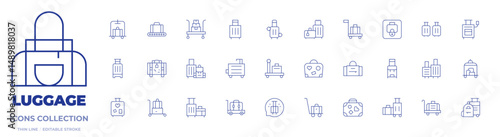 Luggage icons collection. Thin Line icons, editable stroke. suitcase, baggage, luggage, left luggage, travel, luggage cart, backpack, sport bag, trolley