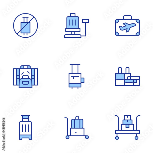 Luggage icons set. Line Duotone style, editable stroke. travel, scale, luggage, no travelling, suitcase, luggage cart