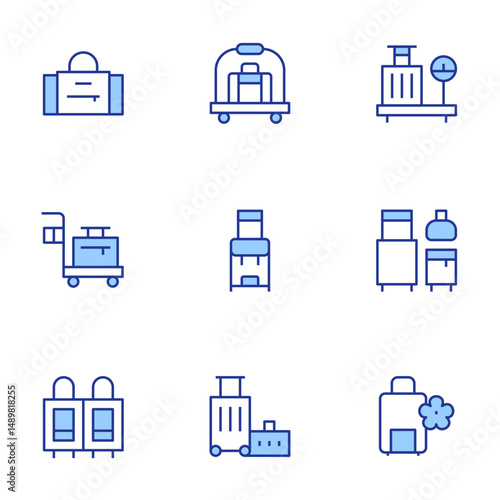 Luggage icons set. Line Duotone style, editable stroke. trolley, trip, luggage scale, suitcase, hotel cart, luggage, sport bag, backpack