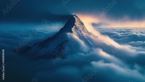 majestically snow-capped mountain peak rising above the clouds, highlighting the beauty and grandeur of the Himalayas or Alps, perfect for nature, travel, and adventure themes