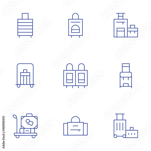 Luggage icons set. Thin Line style, editable stroke. travel, baggage, suitcase, backpack, sport bag, trip, luggage, luggage cart