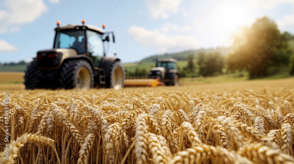 Fototapeta premium Two tractors are seen working in a sprawling wheat field, harvesting under a warm sunset. The landscape features rolling hills and golden crops, capturing the essence of agriculture