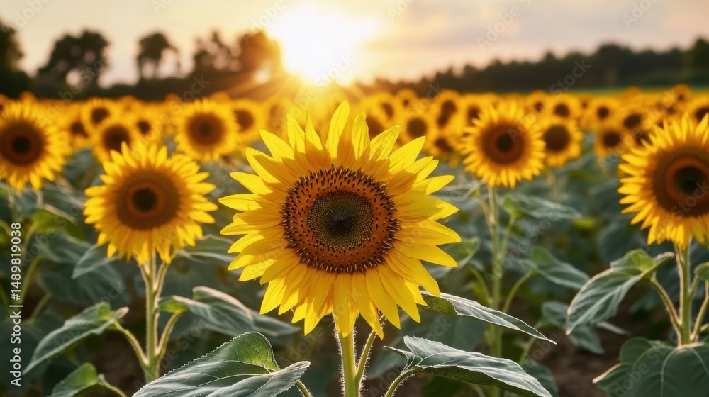 Obraz premium Golden sunflowers stand tall in a lush field as the sun sets, casting a warm glow over the landscape. This breathtaking view captures the essence of summer tranquility