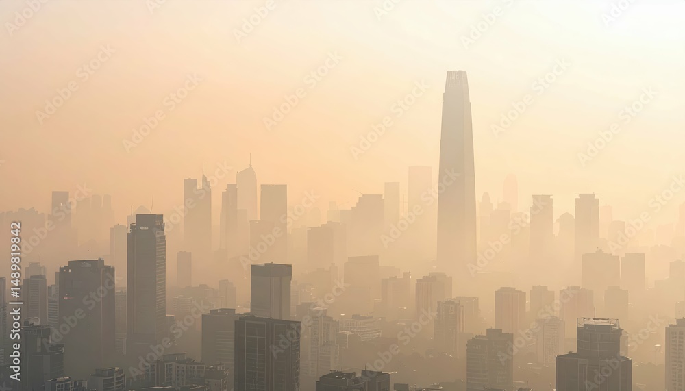 Naklejka premium Hazy Cityscape Under Pollution-filled Sky with Muted Colors
