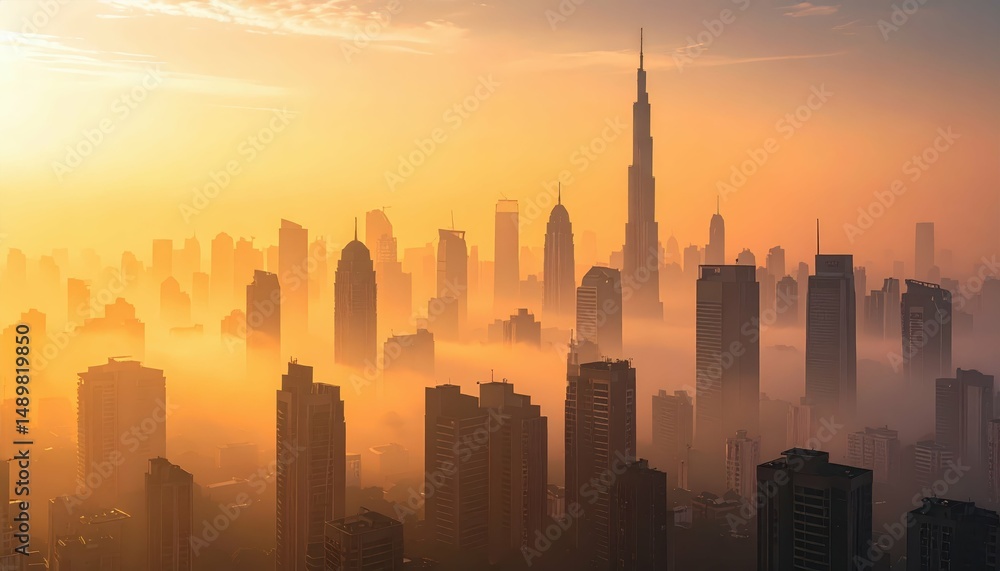 Obraz premium Hazy Cityscape at Sunset with Thick Smoke and Distant Skyscrapers