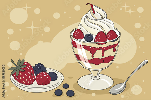 84 dreamy whipped cream parfait, fresh mixed berries, raspberry coulis drizzle, golden bokeh background, fine art photography, studio lighting