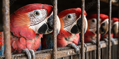 Captive scarlet macaws peer from rusty cage bars.  Their vibrant plumage contrasts with the somber setting